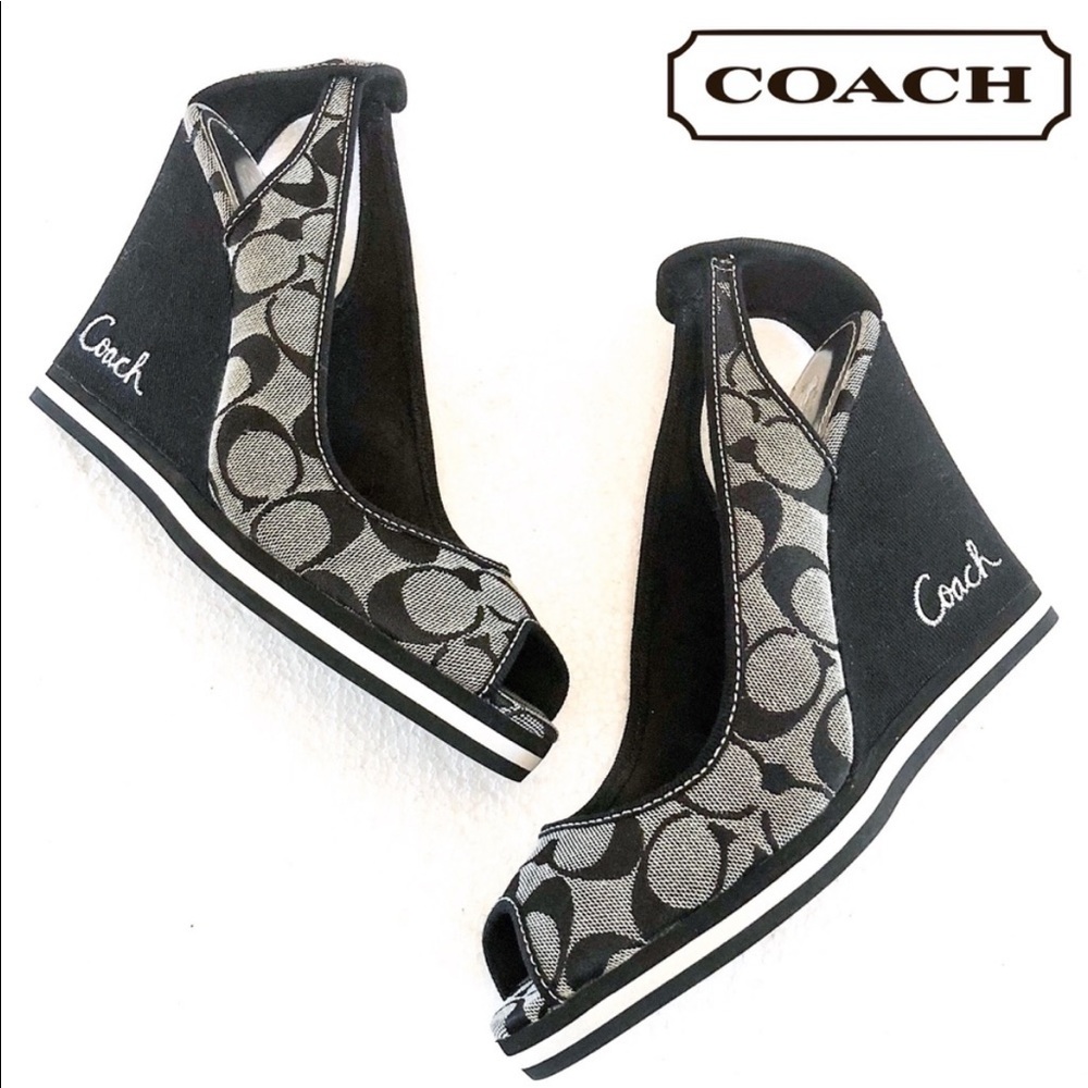 Coach Black/White Tarrah Peep Toe Wedge Sandal 10